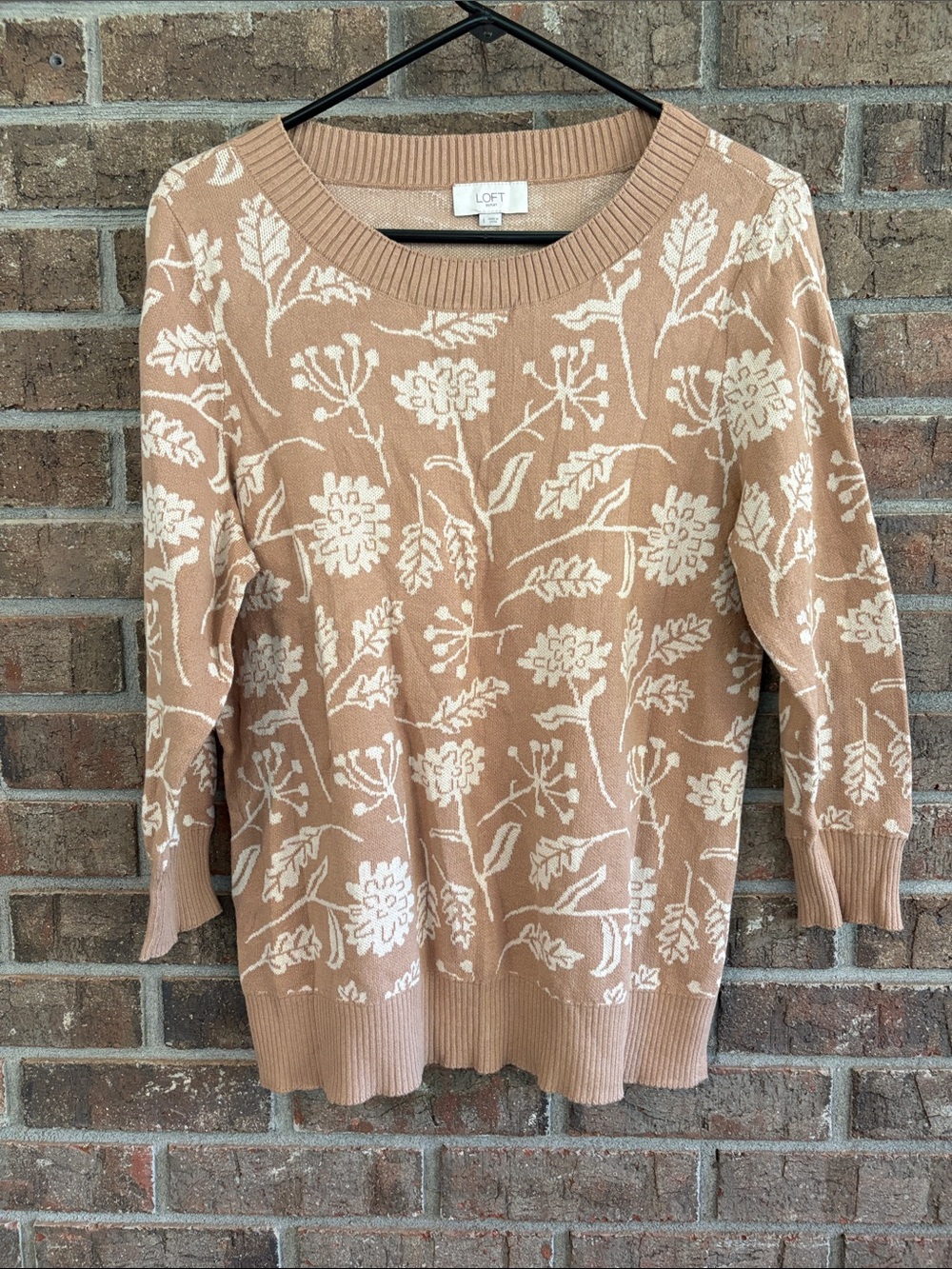 LOFT Tan Crewneck Floral Jacquard Sweater with Cream Motif